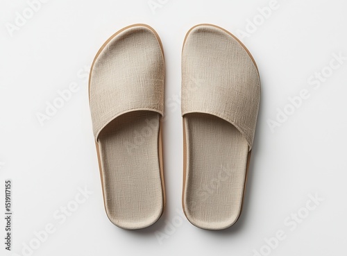 Minimalist Home Goods Display with Woven Slippers and Natural Materials, Conveying a Comfortable Home Concept, Suitable for Home E-Commerce and Life Aesthetics Promotion.