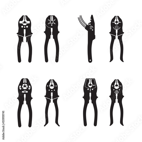 Set of black and white silhouettes of professional wire crimping tools and pliers