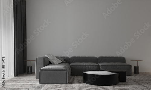 Modern home and living room with cozy grey leather sofa and empty grey texture wall background interior design. 3d rendeing 