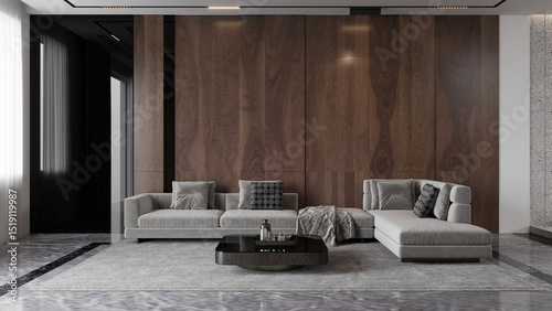 Modern home and living room with white sofa and wooden pattern wall background interior design. 3d rendeing 