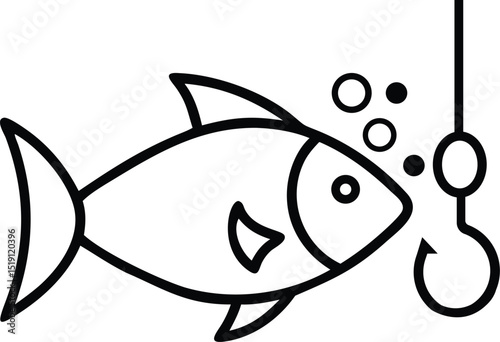 Fishing Concept Outline Vector – Fish and Hook. Fishing Vector Illustration Style.
