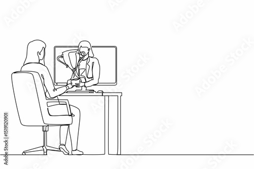Continuous one line drawing beautiful businesswoman holds out a golden cup from a monitor to a happy office worker. Award in the online contest. Single line draw design vector graphic illustration