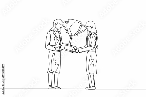 Single continuous line drawing businesswoman winner getting first prize. Girl giving golden cup to businesswoman. Winning, leadership, achievement concept. Dynamic one line draw graphic design vector