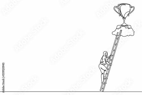 Single continuous line drawing businesswoman climb to trophy over clouds. Young female climbing ladder to success. Motivation concept to be successful. One line draw graphic design vector illustration