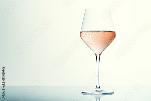 Elegant glass of rosé wine with bubbles on a reflective surface against a white background scene