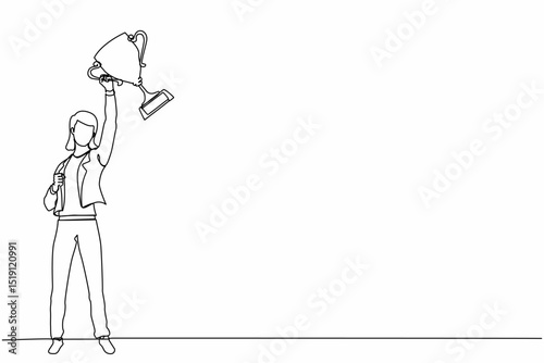 Continuous one line drawing businesswoman with trophy standing with arms lifted in the air. Woman celebrating her business award. Winner, reaching goals concept. Single line draw design vector graphic