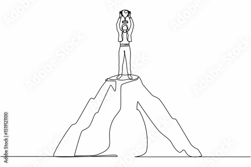 Single continuous line drawing active businesswoman holding trophy on the top of the high mountain. Success, goal, achievement and challenge concept. One line draw graphic design vector illustration