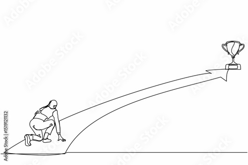 Single continuous line drawing businesswoman get ready on starting to goal of business in starting position ready to sprint run. Reaching trophy. Business concept. One line draw graphic design vector