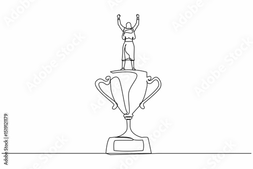 Single one line drawing back view businesswoman stand above trophy. Business metaphor of success and appreciation. Female celebrating her business award. Continuous line draw design graphic vector