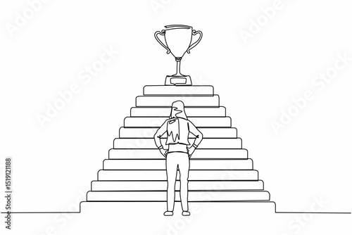 Continuous one line drawing active businesswoman standing in front of staircase with trophy cup on the top. Path to success, goal, business vision. Single line draw design vector graphic illustration
