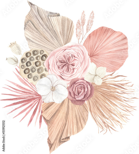Fototapeta Naklejka Na Ścianę i Meble -  Watercolor boho bouquet with dried exotic flowers, pampas grass, tropical leaves. Pastel watercolor floral clipart for wedding wreath, bouquet frames, design decoration