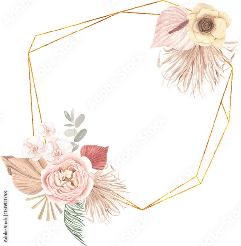 Fototapeta Naklejka Na Ścianę i Meble -  Watercolor boho frame composition with dried exotic flowers and tropical leaves. Pastel watercolor floral clipart for wedding wreath and bouquet, design decoration