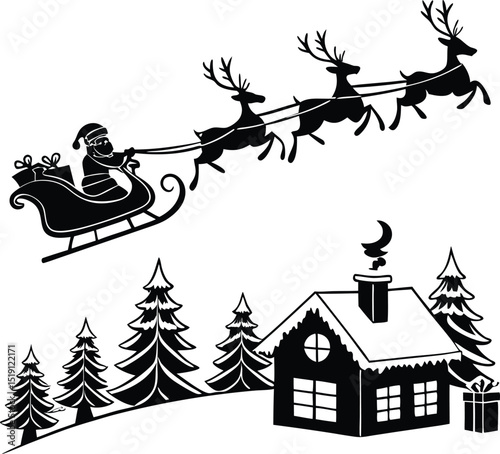 santa flying over snowy house with sleigh and reindeer on christmas winter night sky