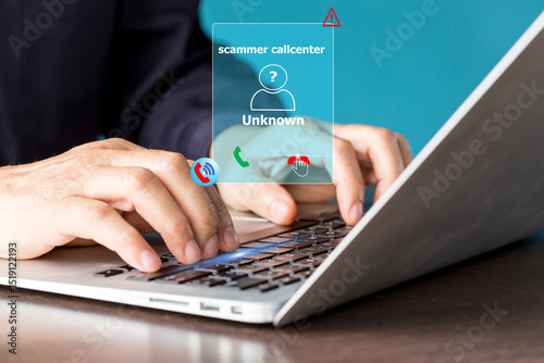  Phishing with Unknown Caller Alert. A phone displaying an incoming call from an unknown number call centre scammer, symbolizing fraud,  and spam call warnings. scammer or stranger, Prank caller.