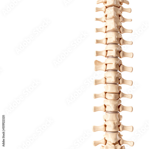 A detailed 3D illustration of the human spine, showing vertebrae in a neutral, natural color with intervertebral discs between each bone segment photo