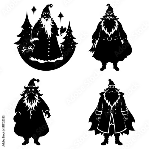 Four santa claus silhouettes in various poses with christmas trees and presents on a white background