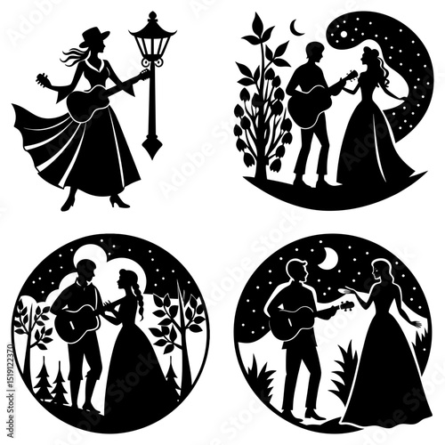 Silhouetted scenes of couples with guitars under moonlight and street lamp in black and white design