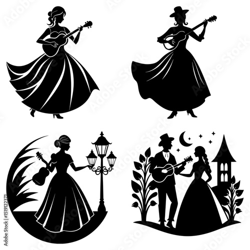 Silhouette collection of women playing guitars in various scenes and romantic settings outdoors design