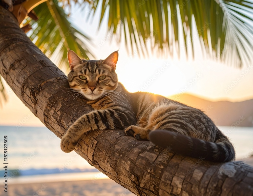 Obraz premium Chill in the Tropics – Tabby Cat Resting on a Palm Tree at Golden Hour