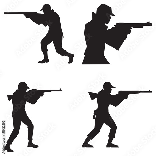 Silhouette illustrations of men in various poses holding rifles and aiming in different directions
