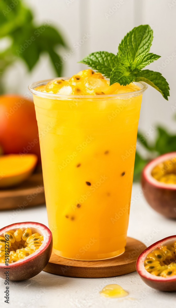 Fototapeta premium Yellow lemonade with mango and passion fruit in a glass. Generated by AI.