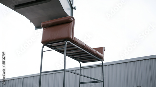 A brown leather couch sitting on top of a metal frame