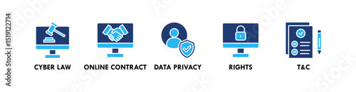 Digital Law banner web icon illustration concept with icon of cyber law, online contract, data privacy, rights, terms and condition
