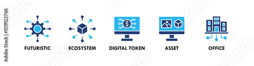 Metaverse banner web icon illustration concept with icon of futuristic, ecosystem, digital token, asset, and office