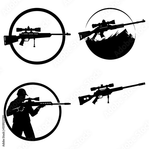 Collection of sniper rifle silhouettes in circular frames and isolated on white background vector art