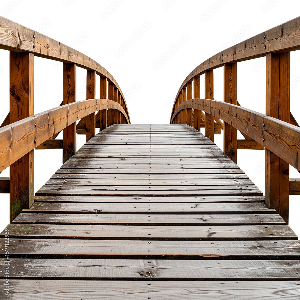 Fototapeta premium Wooden pedestrian bridge with curved handrails and plank flooring, isolated on black background, showing detailed grain and texture of the wood