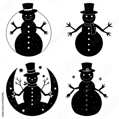 Four black and white snowman illustrations with hats and stick arms in various holiday scenes