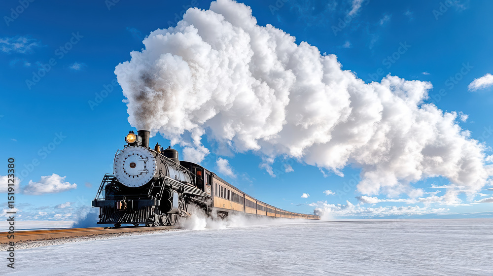 Obraz premium Old steam locomotive billowing smoke into blue sky, creating nostalgic scene of travel