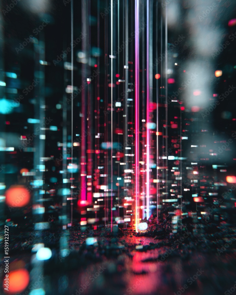 Fototapeta premium Abstract scene of fragmented digital icons, broken pixels, glitch effects and data streams flying apart, dark background with chaotic tech vibe