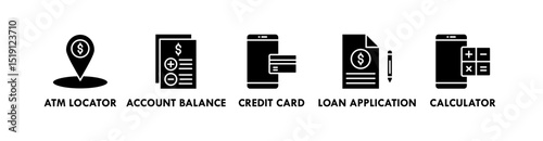 Online Banking banner web icon illustration concept with icon of atm locator, account balance, credit card, loan application, and calculator
