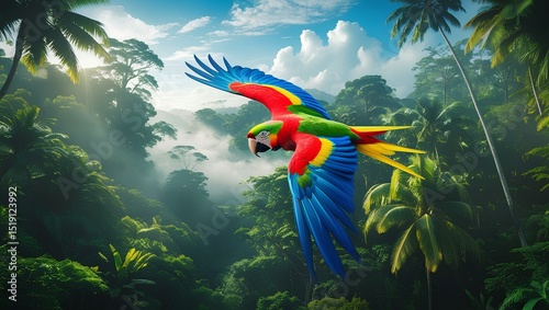 Vibrant Macaw in Flight Over Lush Jungle