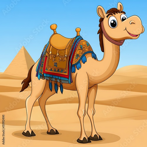 Cartoon Camel Illustration in Desert Landscape with Pyramid Silhouette Background