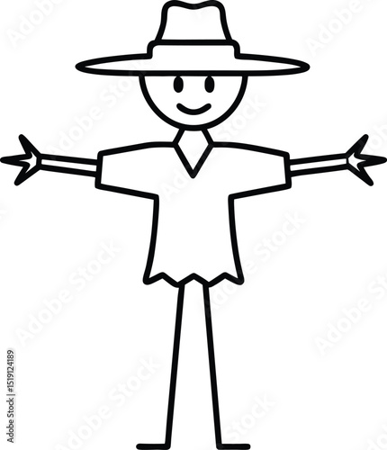 Simple Scarecrow Stick Figure Line Art – Minimal Farm Illustration Vector