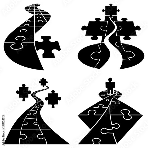 Puzzle path illustrations showing winding roads made of jigsaw pieces and a human figure on a puzzle