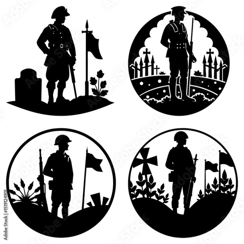 Silhouette illustrations depicting soldiers in remembrance scenes with flags and grave markers in black and white