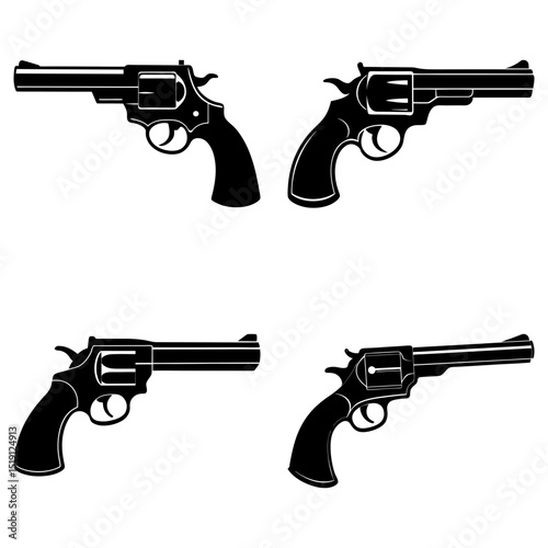 Four black silhouette revolvers arranged in a square pattern on a white background with detailed triggers
