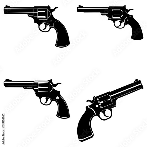 Four black silhouette revolver illustrations in varying angles on a white background image layout