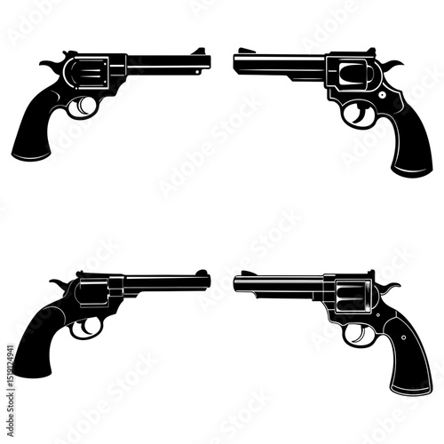 Four black revolvers arranged symmetrically on a white background in a simple graphic style design
