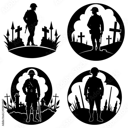 Four memorial day silhouettes depicting soldiers standing in front of grave markers and cloudy backgrounds