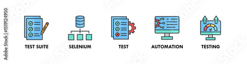 Automation Testing banner web icon illustration concept with icon of test suite, selenium, test, automation, and testing