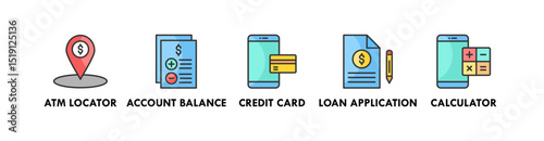 Online Banking banner web icon illustration concept with icon of atm locator, account balance, credit card, loan application, and calculator