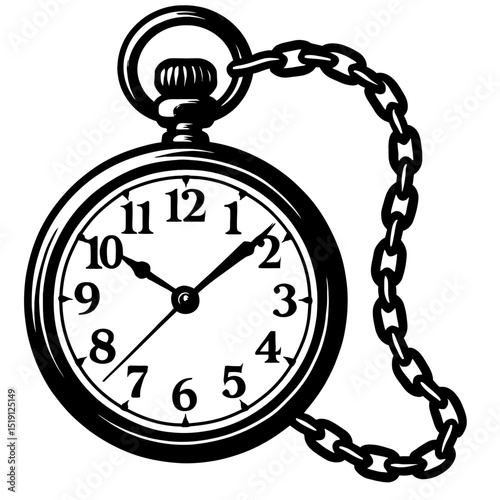 Elegant Black and White Vintage Pocket Watch with Chain Vector Icon - Symbolizing Time, Precision, and Classic Style
