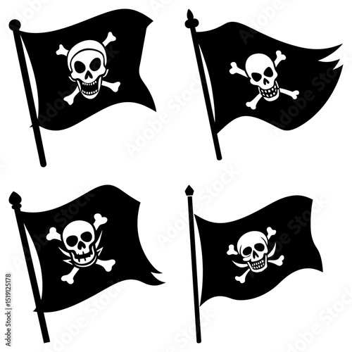 A collection of four pirate flags featuring skull and crossbones on black waving banners design vector