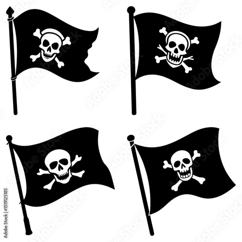 Four black pirate flags with skull and crossbones emblems waving on flagpoles in a vector graphic