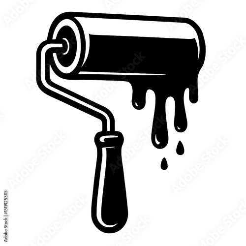 Black and White Dripping Paint Roller Vector Icon - Ideal for Home Renovation, Art, and DIY Projects