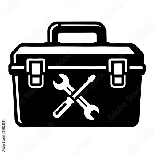 Black and White Vector Illustration of a Toolbox with Wrench and Screwdriver, Symbolizing Repair, Maintenance, and DIY.